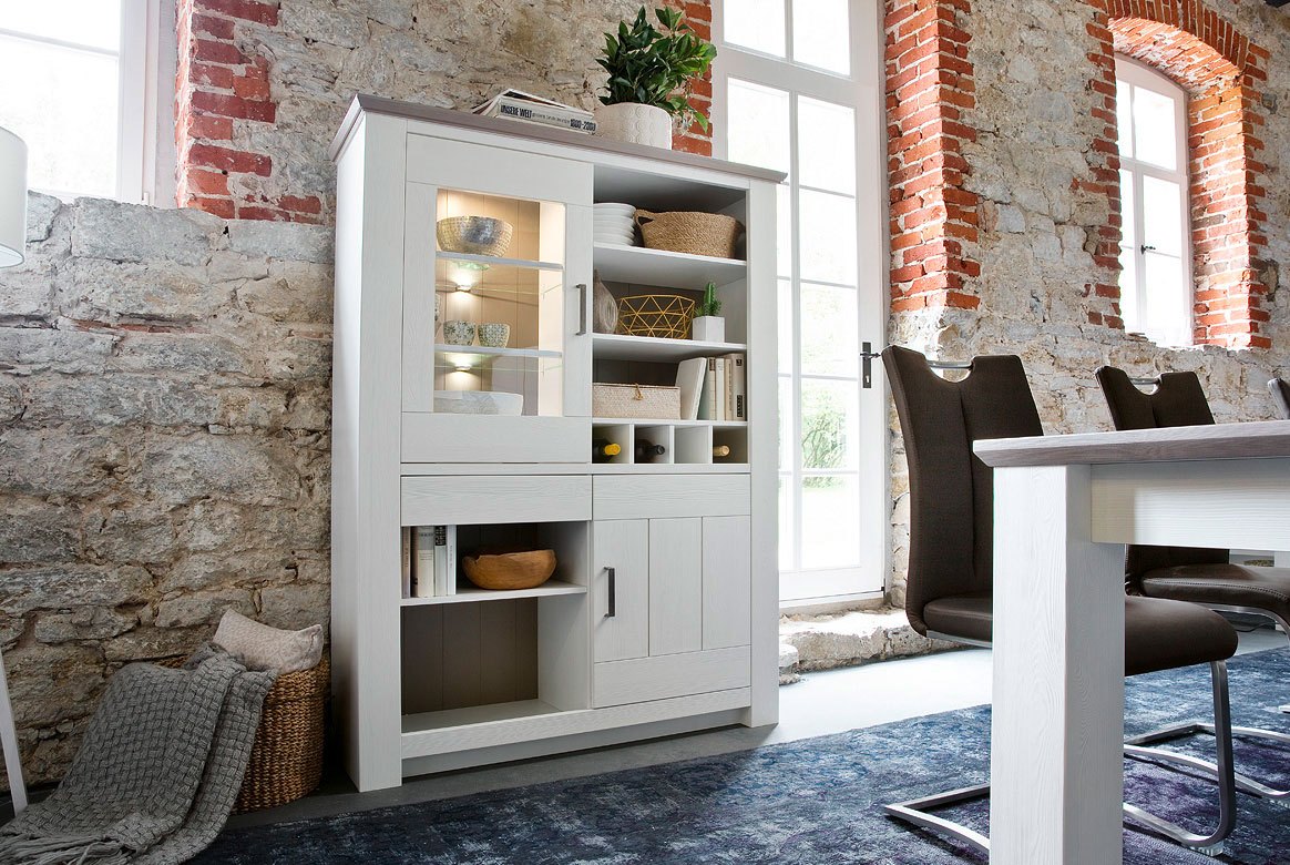 Abbildung Esszimmer Massivholz Landhausstil weiß mit Highboard Palma | T06 Abbildung Esszimmer Massivholz Landhausstil weiß mit Highboard Palma | T06