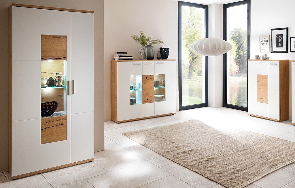 Highboard weiß matt Abstzung Crackeiche furniert Nizza T06 Highboard weiß matt Nizza T06.