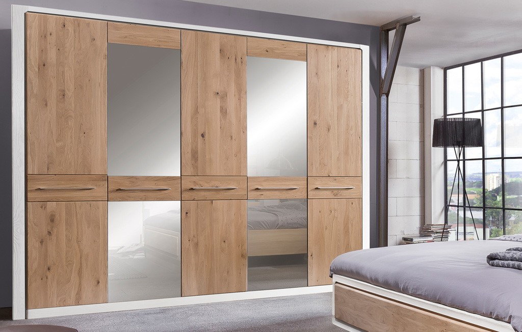 Massivholzbett 180x200, Bett Asteiche Bianco Elba Kleiderschrank moderner Landhausstil 5 türig Asteiche Bianco Elba MMI Möbel