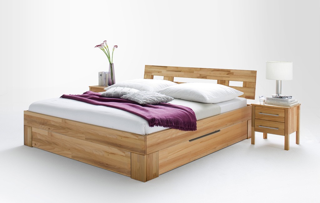 Massivholz Bett von 90 bis 200 cm mit Schubkasten Set Modset